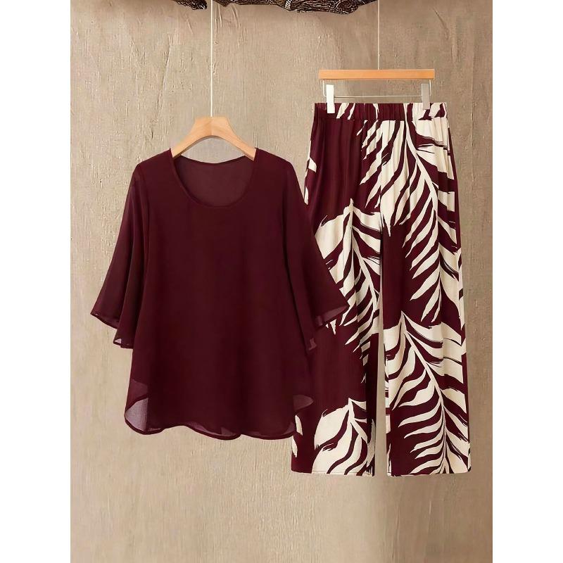 Damen Sommer Chiffon Kurzarm Zweiteiler Set in Übergröße – Elegantes Lockeres Oberteil und Hosen Outfit