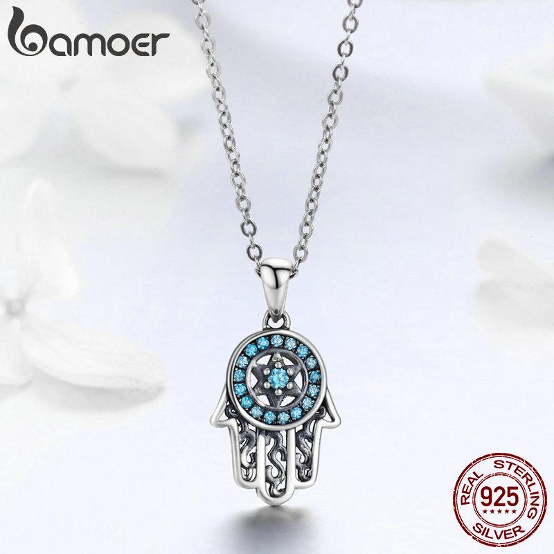 BAMOER Genuine 925 Sterling Silver Trendy Fatima's Guarding Hand Pendant Necklaces