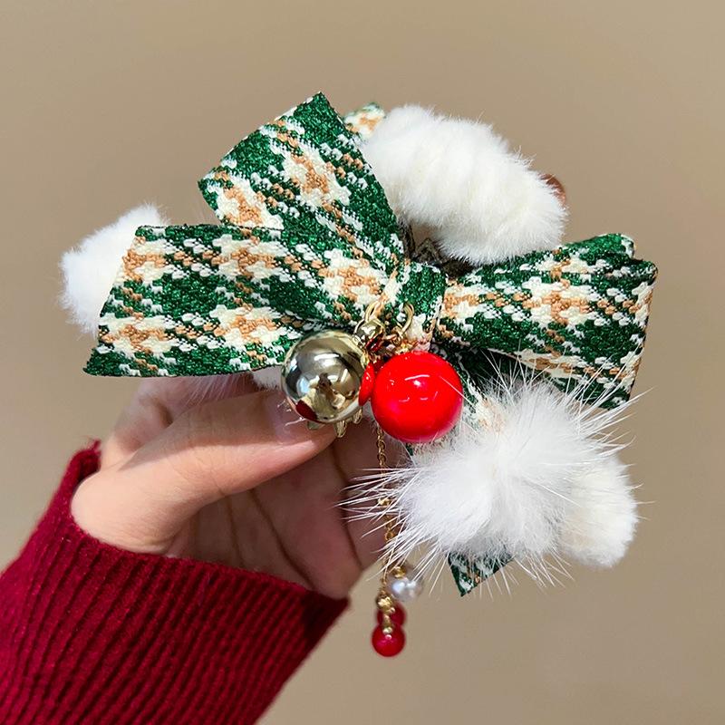 Autumn/Winter Large Pearl Tassel Bow Hair Clip with Plush Shark Design