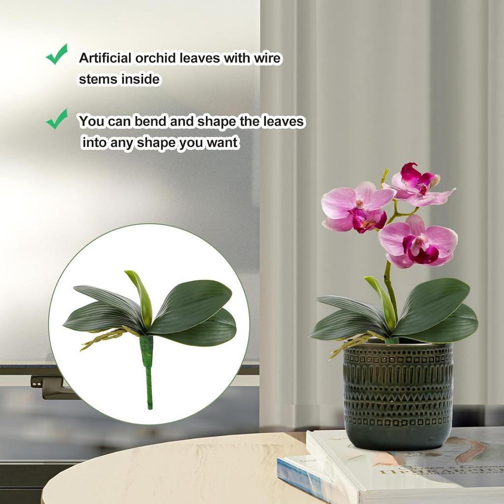 2 Pcs Orchid Leaves Artificial Real Touch Faux Phalaenopsis Stems Leaf 8 Inches Green Leaf Plants Fake Cymbidium Flower Foliage Green Real Touch