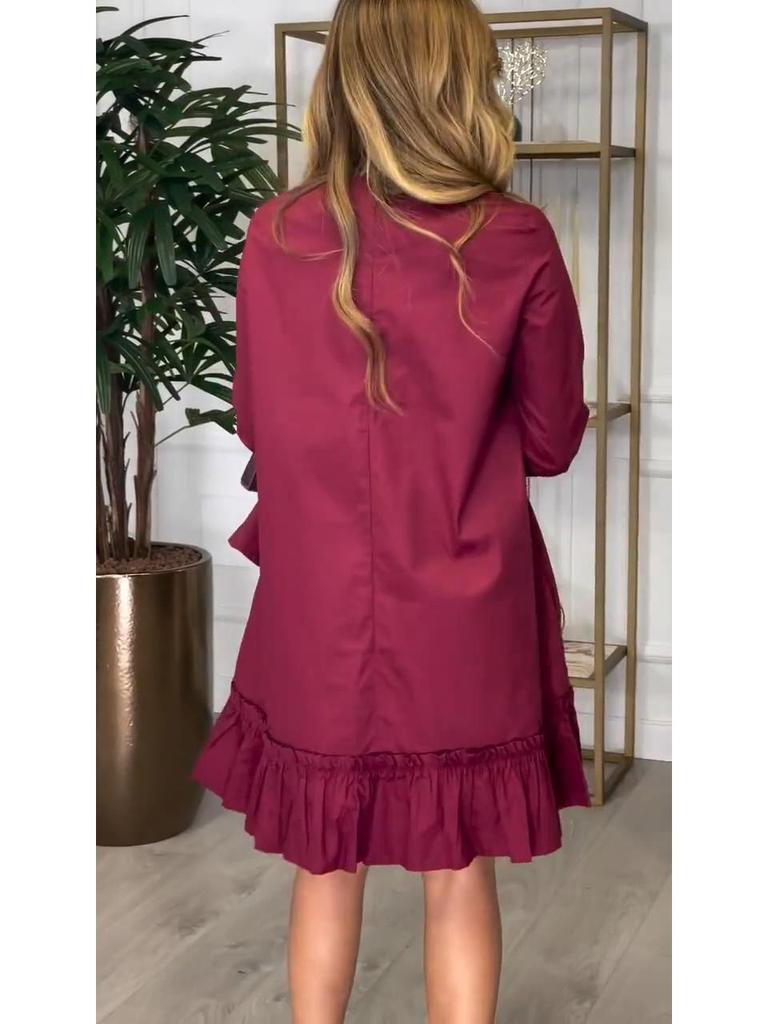 2025 Europäische & Amerikanische Mode Einfarbiges Plisseekleid - Damen Rundhals Rüschen Langkleid