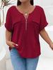 New solid color plus size women's blouse zipper short-sleeved fake pocket pullover T-shirt loose