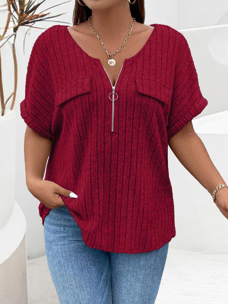 New solid color plus size women's blouse zipper short-sleeved fake pocket pullover T-shirt loose