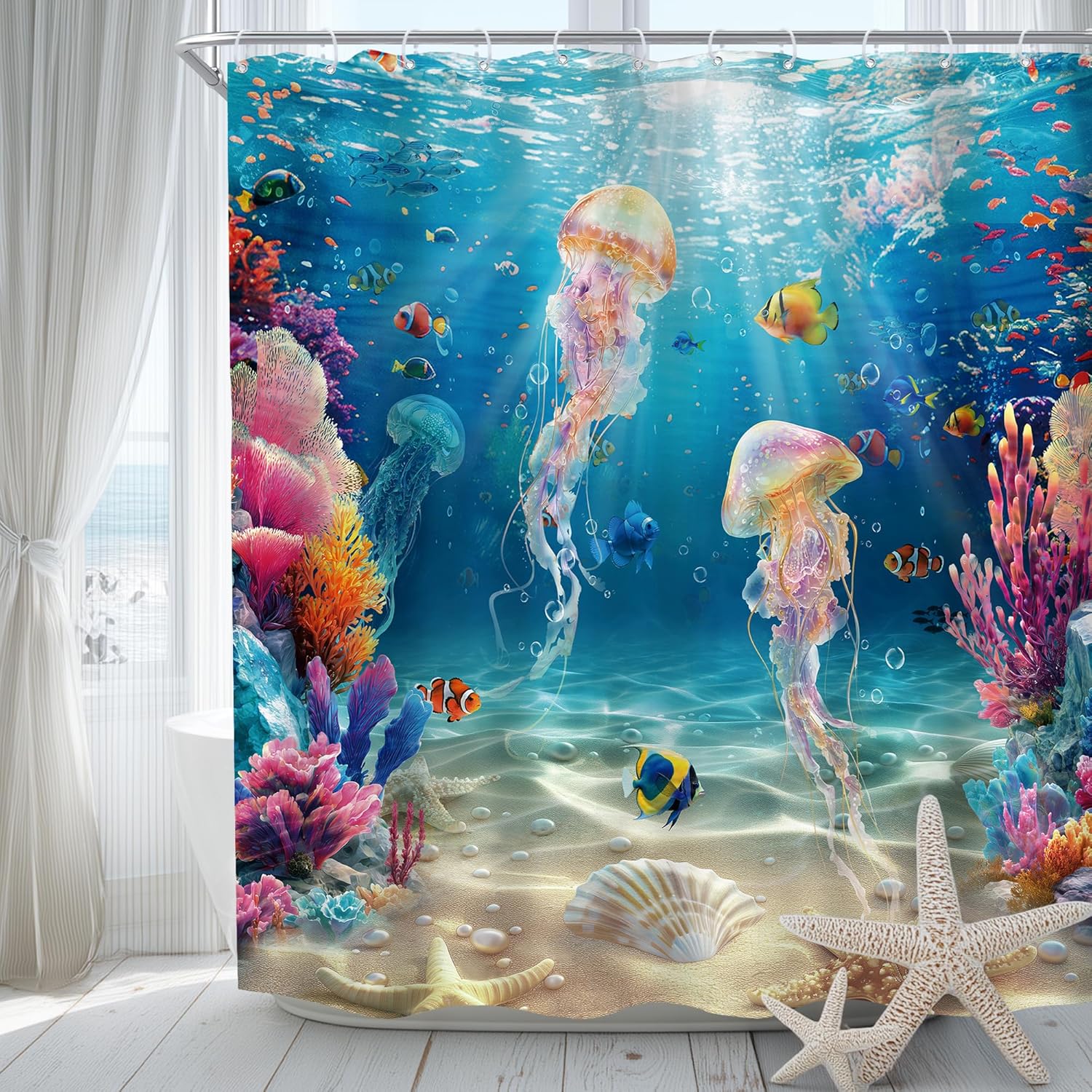 

Jellyfish Ocean Shower Curtain Seafish Sealife Marine Scenery Colorful Tropical Starfish Beach Underwater Corals Hooks W60H190(CM)-1 Pcs
