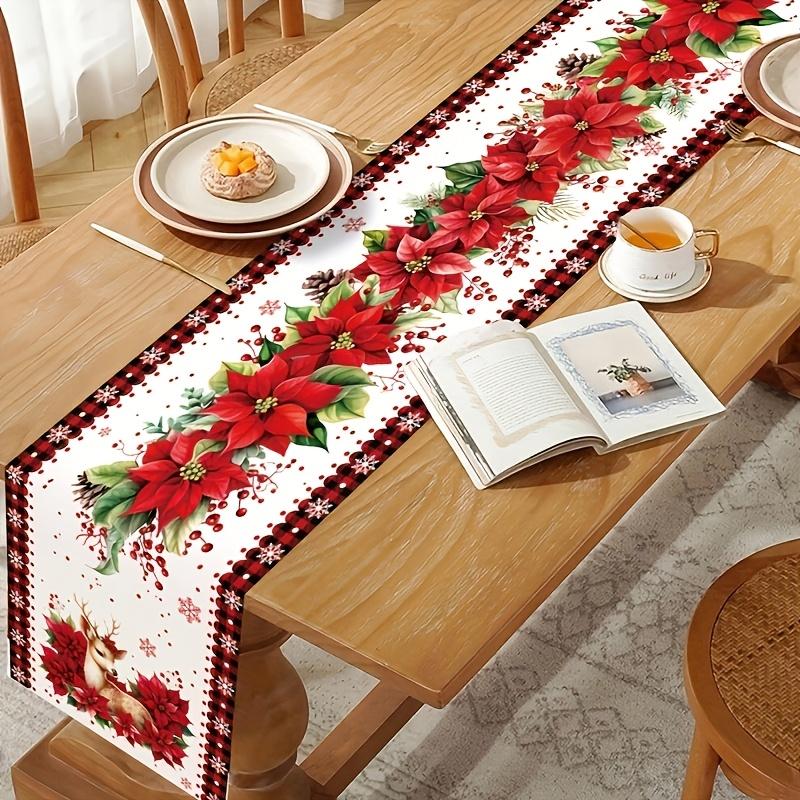 Christmas Poinsettia Reindeer Table Runner Wedding Party Decor Winter Xmas Kitchen Dining Table Runners Christmas Decorations
