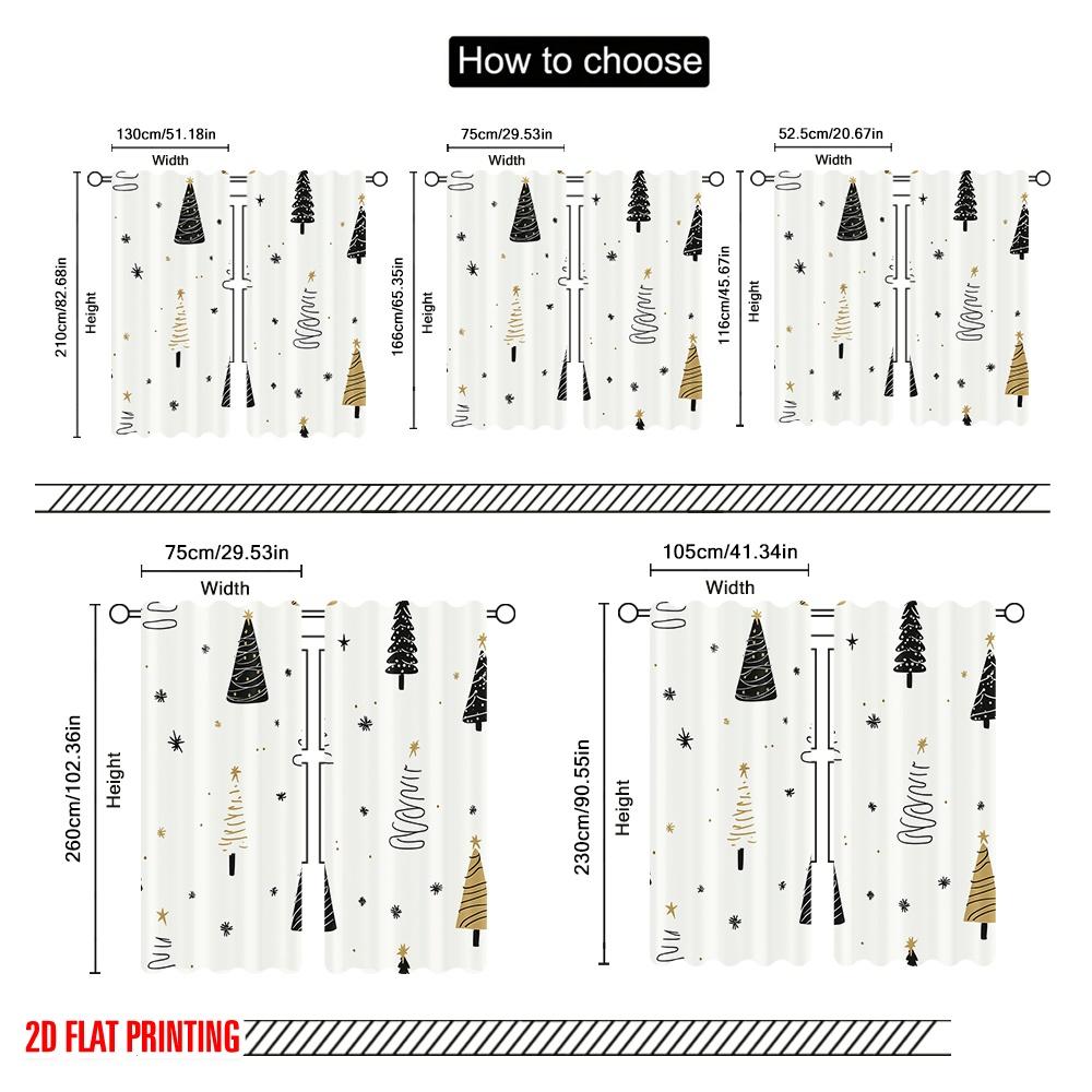 2pcs,2D plane printing Curtains Digital Printed Christmas Trees Golden Stars Polyester Easy Install (without rod) Decorations