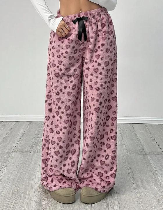 Women Leopard Print Wide Leg Pants Elastic Waist Drawstring Casual Loose Long Trousers