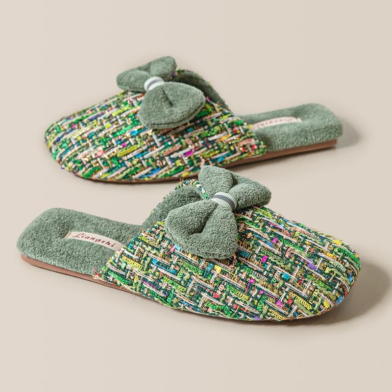 Fashion Luxury Fluffy Cotton Slippers Women Sweet Bow Decoration Brand Designer Shoes Comfortable Lightweight Soft Bottom Home Slippers