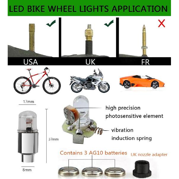4 Pack LED Valve Stem Caps Lights for Car Tires Wheel Assemblies Auto Motion Light up in Dark Air Neon Bicycle Motorcycle Tyre Bike Truck Golf Cart