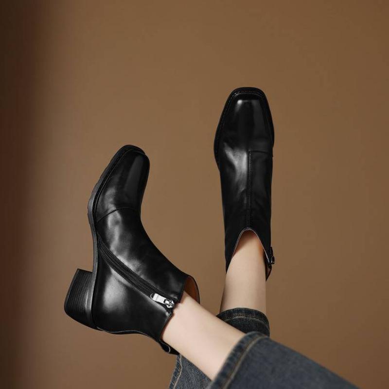 Neue Damen-Rindsleder vielseitige Martin Stiefel einfarbig Seitenreißverschluss Übergröße mittlerer Absatz Damenstiefel dicker Absatz Reißverschluss mittelhohe Stiefel