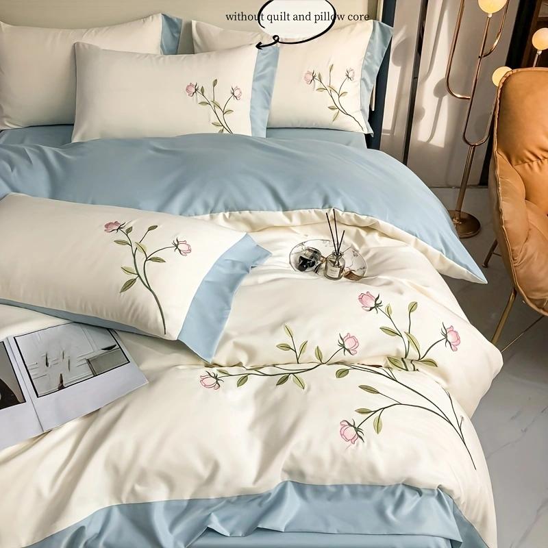 3pcs Elegant Embroidery Duvet Cover Set (1*Duvet Cover + 2*Pillowcase, Without Core), Blue Pink Soft Bedding Set for Summer