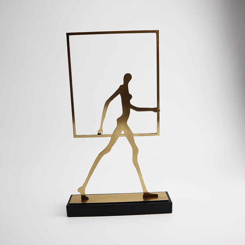Metal Figure Sculpture Abstract Geometric Border Walking Figure Hollowed-out Metal Figurine Home Decoration Accessories