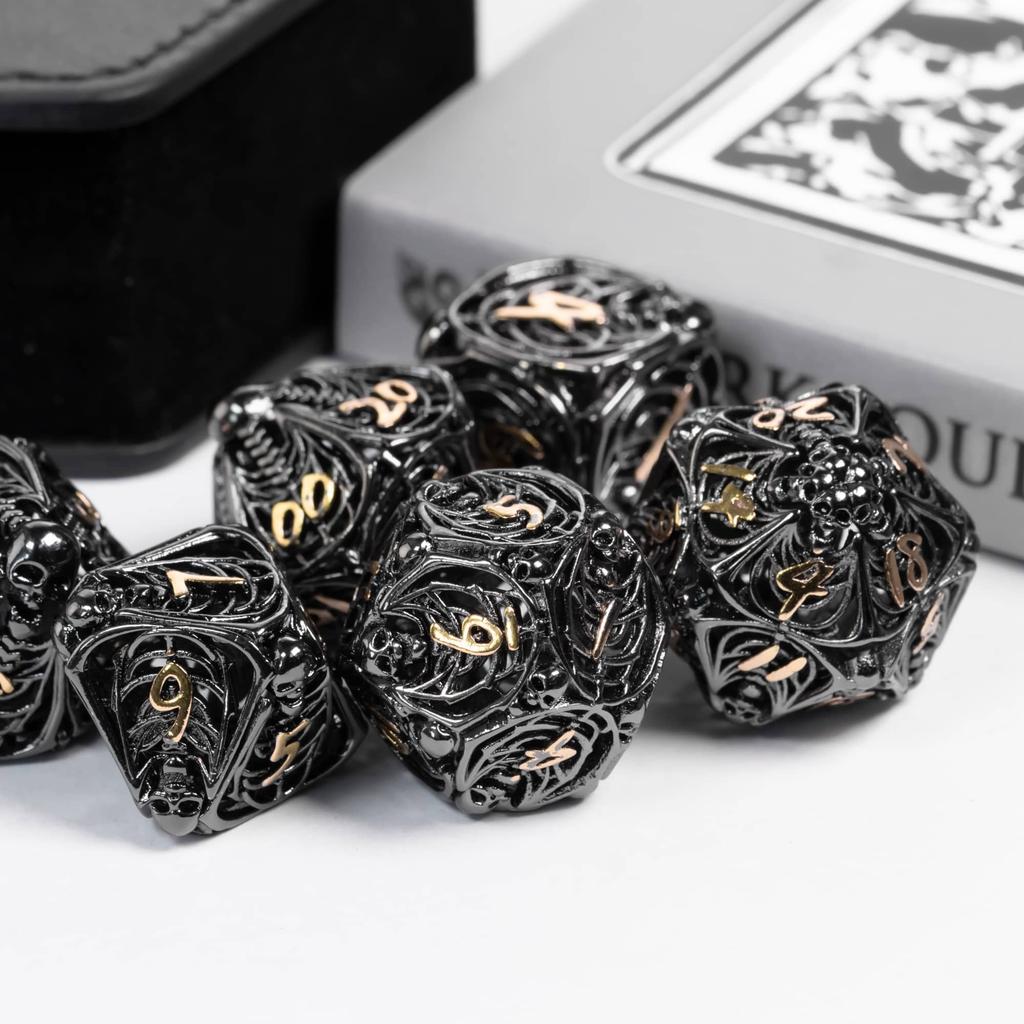 Cusdie Skelett Hohl DND Würfel Metall 7 Stück D4-D20 Polyedrisches Würfelset für Dungeons and Dragons Rollenspiel Pathfinder
