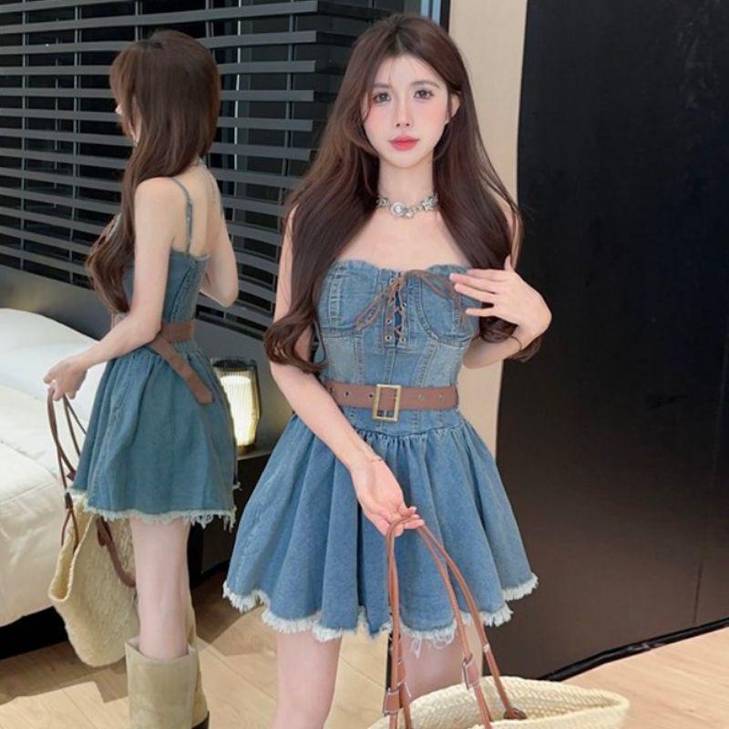Stylish Plus-Size Strapless Denim Dress: Age-Reducing, Waist-Cinching Suspender Short Skirt for Summer