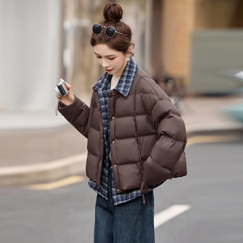 Plaid splicing down jacket women's winter fashion lapel fake two pieces high fluffy white duck down bread jacket