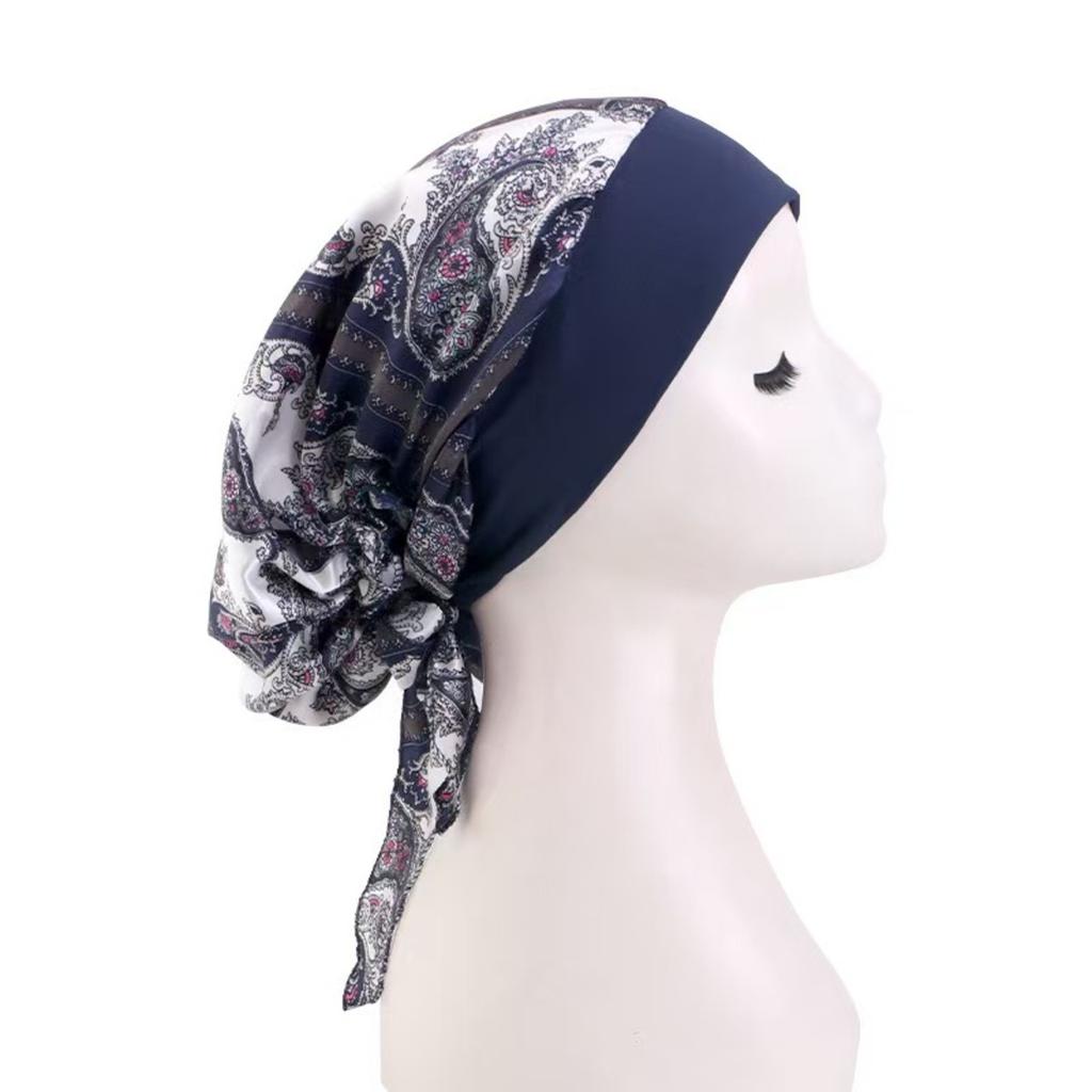 Elastic Printed Headscarf Pre-Tied Muslim Female Turban Chemotherapy Cap Hair Loss Cover Stretchy Head Wrap Bandana for Women