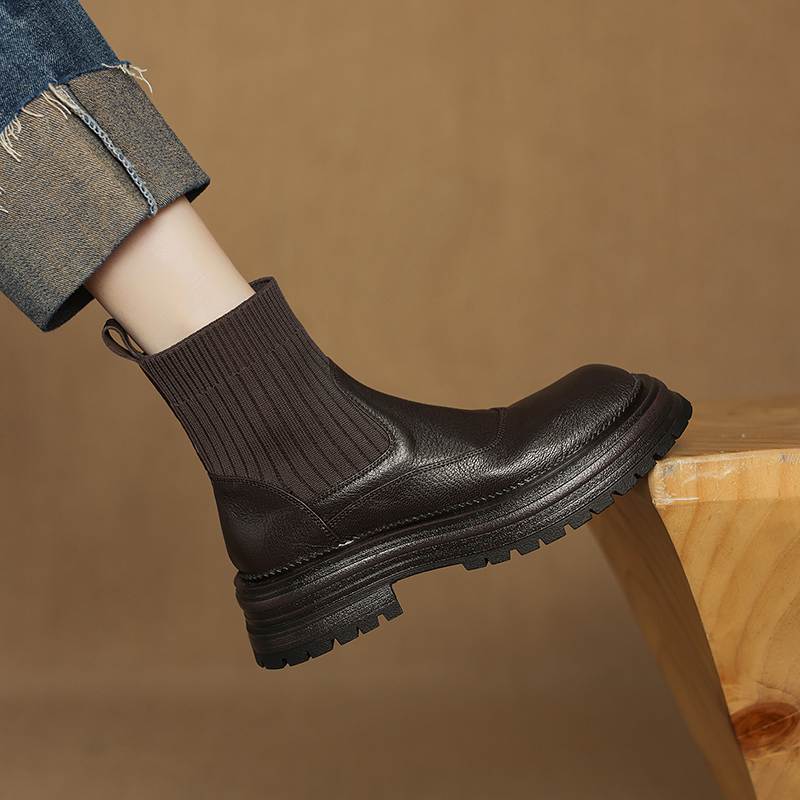 Krazing Pot Sheepskin Winter Round Toe Chunky Heels Fashion Motorcycle Boots Women Slip on Kniting Platform Ankle Boots