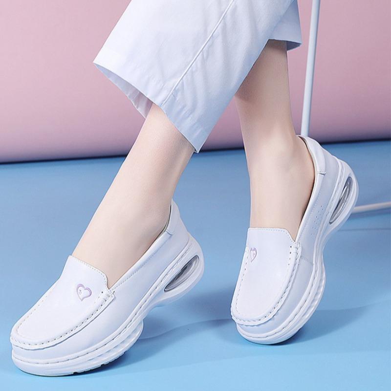 Women's Thick Soled Work Shoes Soft Soled Leather Breathable and Non-slip Nursing Shoes White Hollow Wear-resistant Casual Shoes