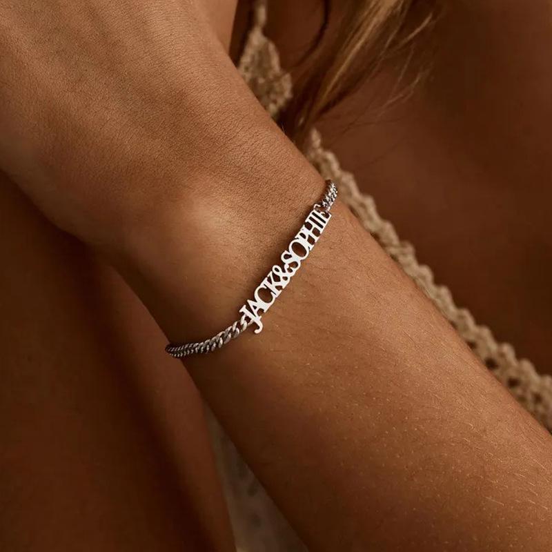 Cross-border Stainless Steel Couple s Name Bracelet with Electroplated Letters – Cuban Chain Lover s Gift серебряный