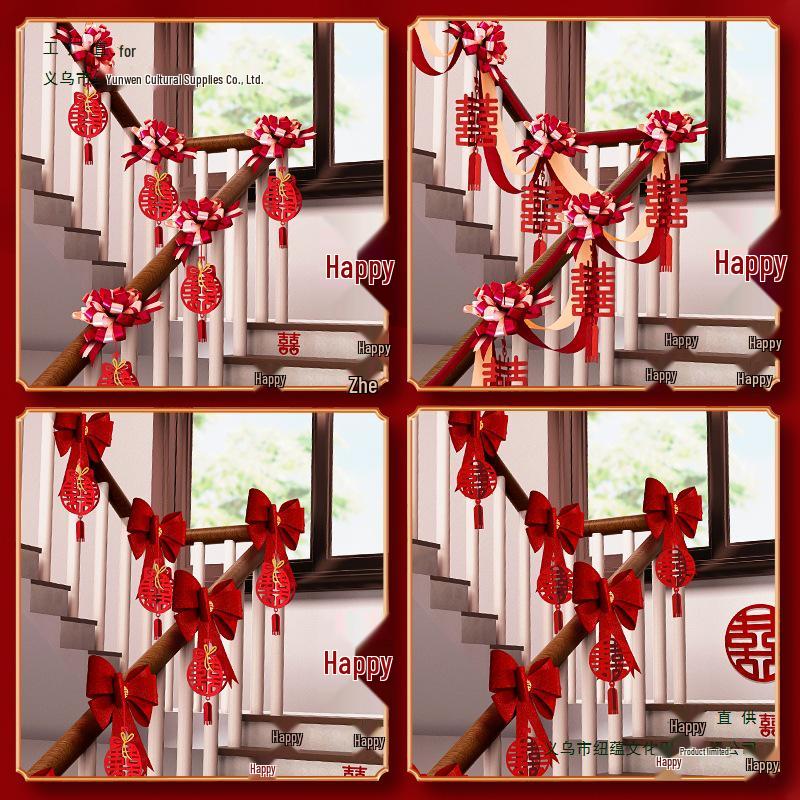 Online Celebrity Wedding Stair Railing Décor Set: Groom's Ceremony Ribbons, Bows, and Pull Flowers