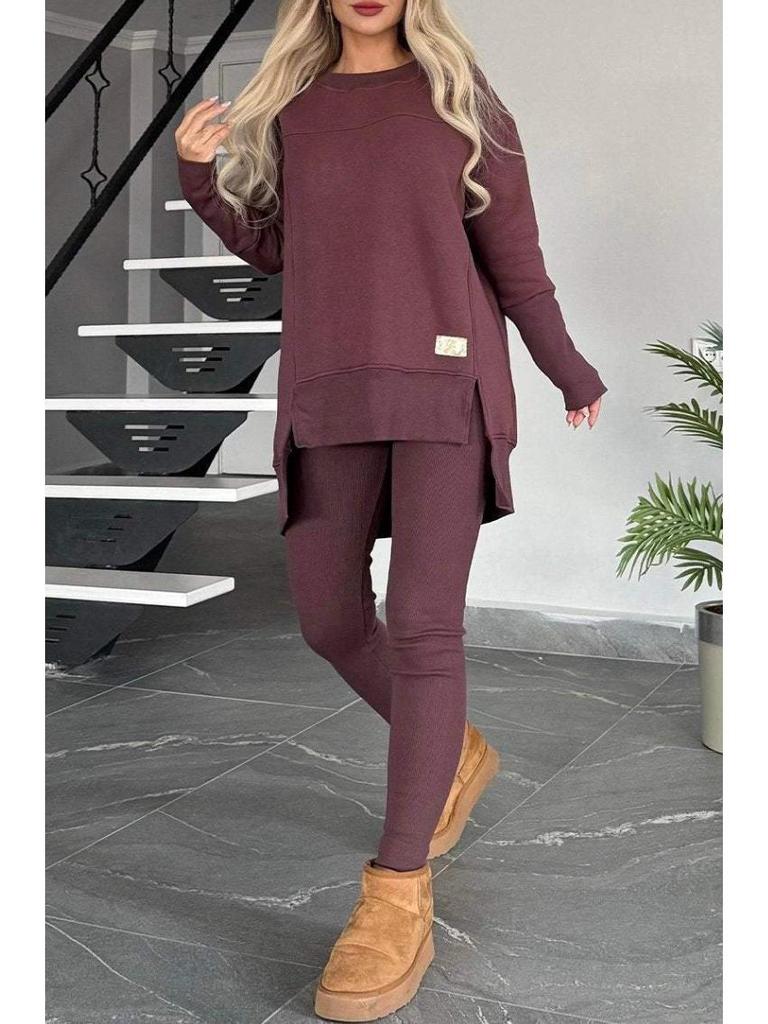 2025 Women's Autumn/Winter Casual Solid Color Long Sleeve Slit Top Set