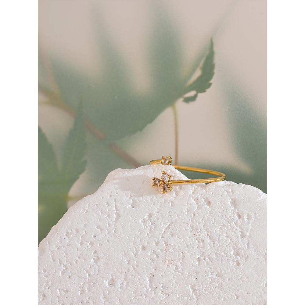 Yhpup Delicate Bling Cubic Zirconia Flower Thin Adjustable Golden Ring Waterproof Stainless Steel Chic Korean Jewelry Gift