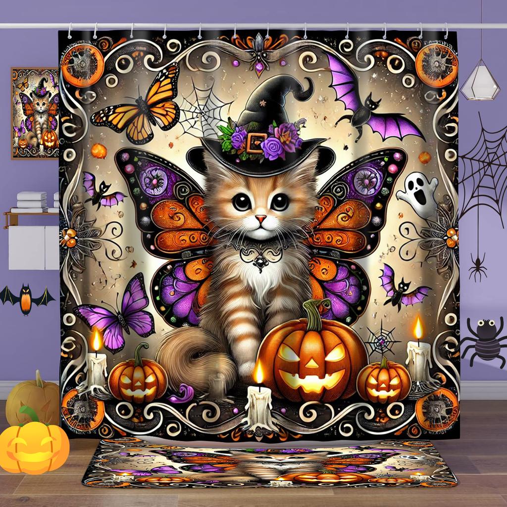 Hallowmas Bat Butterfly Spider Web Bathing Curtain Bathroom Shower Curtain Waterproof With 12 Hooks Fishes Home Deco Free Ship