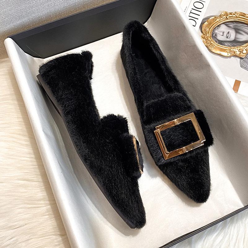 

Модні норкові туфлі на плоскій підошві з гострим носом для жінок, пухнасті лофери з металевою пряжкою, жіночі зручні зимові бавовняні туфлі з м’якою підкладкою, великий розмір 43 8.5 чорний
