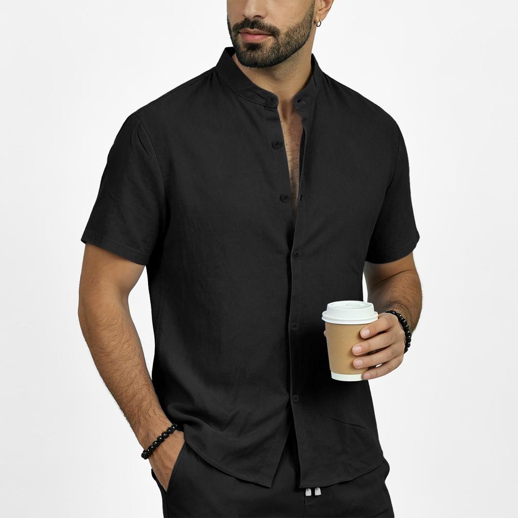 Men's Summer Linen Short Sleeve Shirt Stand Collar Button Down Shirt Casual Breathable Lightweight Top for Daily Wear