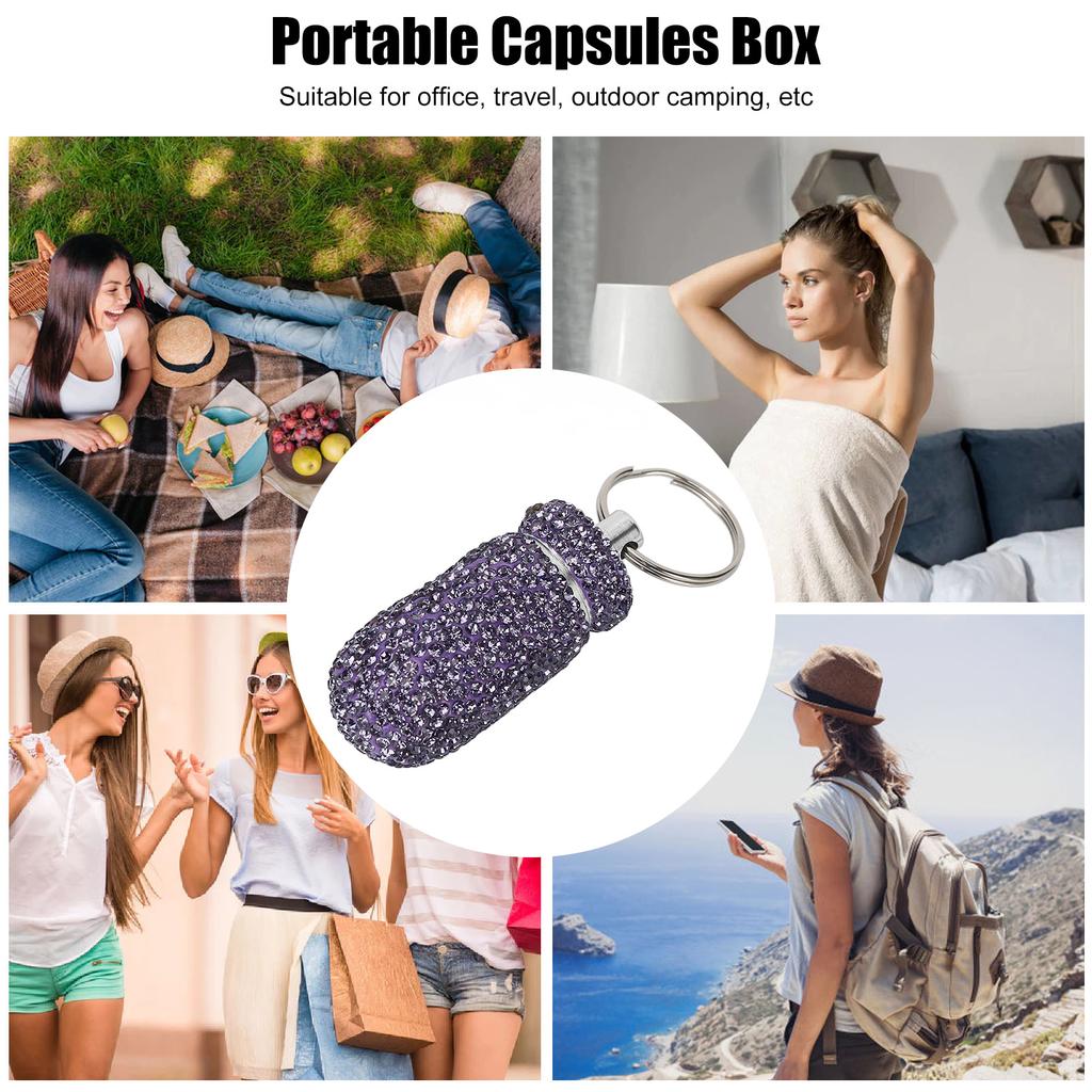 Lila Strass Kapsel Aufbewahrungsbehälter mit Schlüsselanhänger Aluminiumlegierung Tragbare Medizinflaschenbox