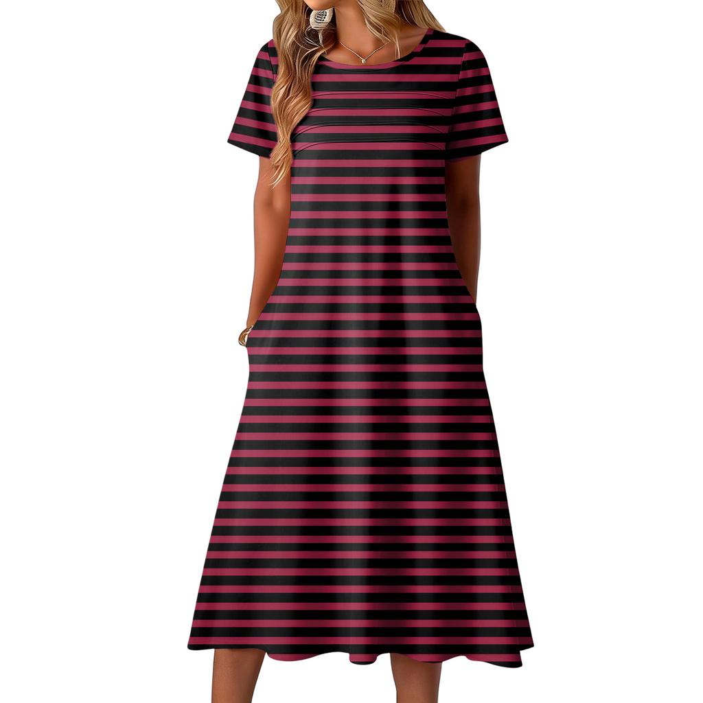 Ladies' Striped Printed Casual and Fashionable Short Sleeved Round Neck Dress