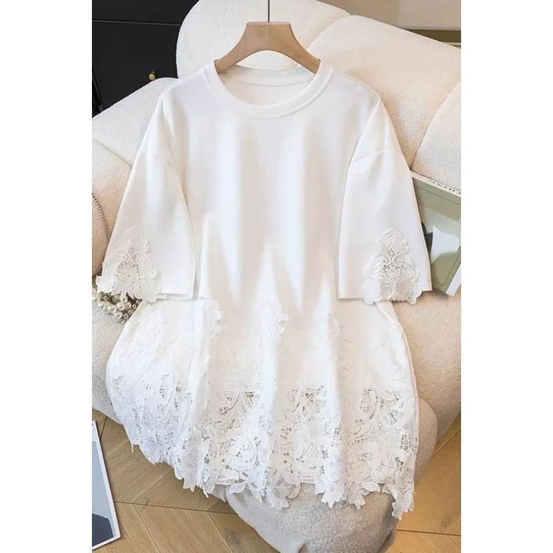 Fashionable Lace Spliced Round Neck Short Sleeved T Shirt Women Summer Loose Versatile Casual Versatile Pullover