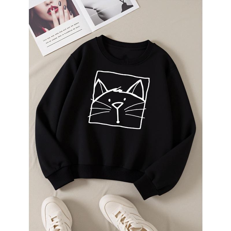 Kids Long‑Sleeve Crewneck Sweatshirt, Cute Cat Face Design Print,Daily Casual Top for Spring & Autumn