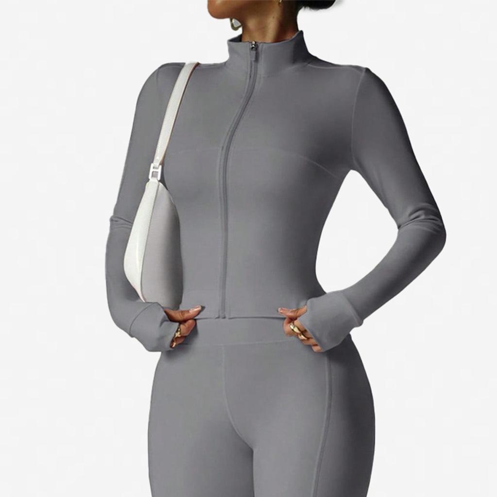 Waist-Cinching Yoga Set: Long-Sleeve Jacket & Butt-Lifting Micro-Flare Pants - Women's Sportswear for Autumn/Winter.