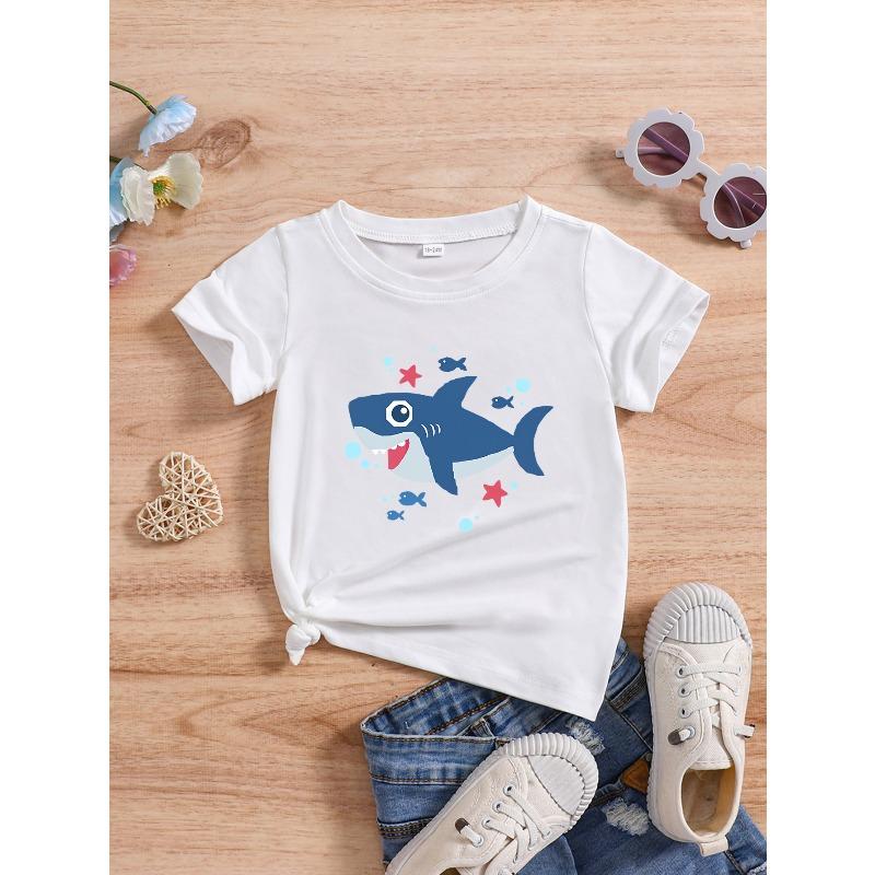 Kids Crewneck T-Shirt, Cartoon Shark Print 110 белый