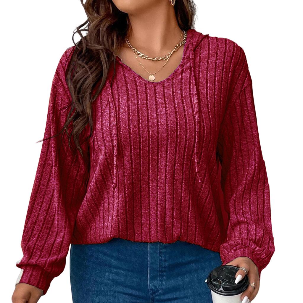 Women's V-Neck Long Sleeve Pullover Hoodie Color Loose Fit Ribbed