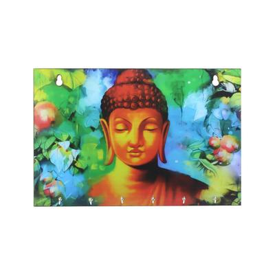 Lord Buddha Theme Wooden Key Holder with 6 Hooks,