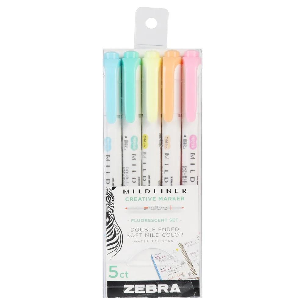 Double Ended Highlighter Mildliner 5 Count Fluorescent Colors Water Resistant Chisel Fine Point Non Toxic Assorted Storage Case