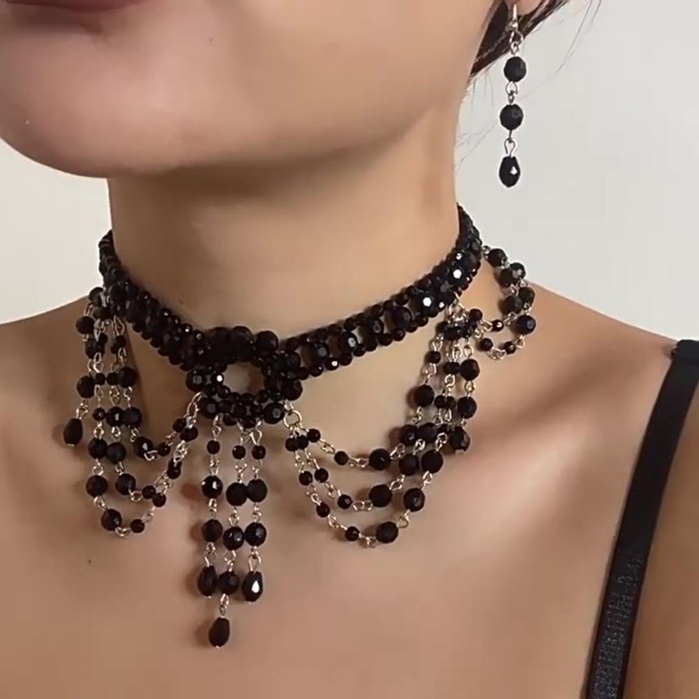 2Pcs Charm Goth Black Necklace Clavicle Chain Necklace Earrings Set Beads Tassel Necklace  Gifts