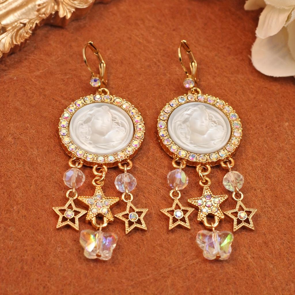 [Pair of Angelic Earrings] Vintage-Inspired Angelic Earrings with Sparkling Rhinestones, Star & Heart Charms - Zinc Alloy, Perfect for Women's Date Ni