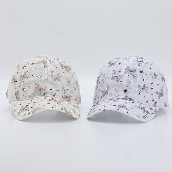 Baseball Hat Adjustable Back Buckle Butterfly Design Curved Brim Sun Protection Lace Hat with Rhinestones Inlaid Women Headwear