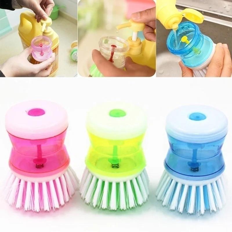 1 Pcs  High Quality Plastic Kitchen Washing Utensils Pot Dish Brush with Washing Up Liquid Soap Dispenser Color Random