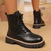 Large Black Mid Top Boots for Women, Autumn/winter  New Style, Front Lace Up Thick Soled Low Cut British Style Leather Boots