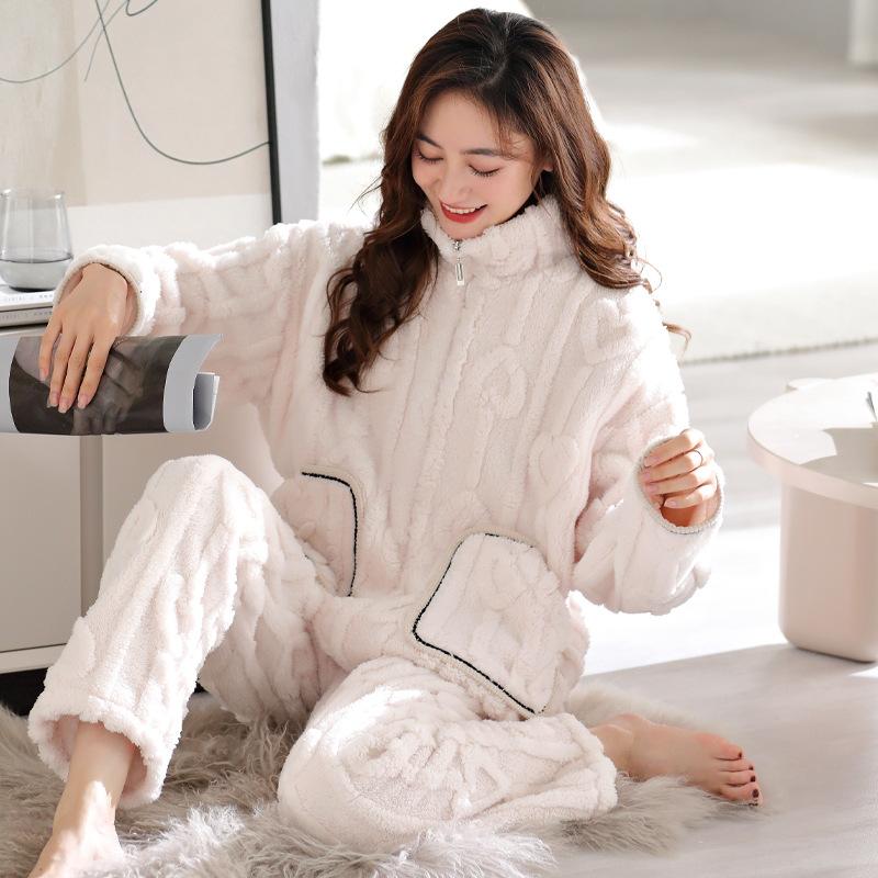 Pajamas Women'S Winter Coral Fleece Women'S Fleece Thickened Warm Autumn And Winter Women'S Flannel Winter Loungewear Set