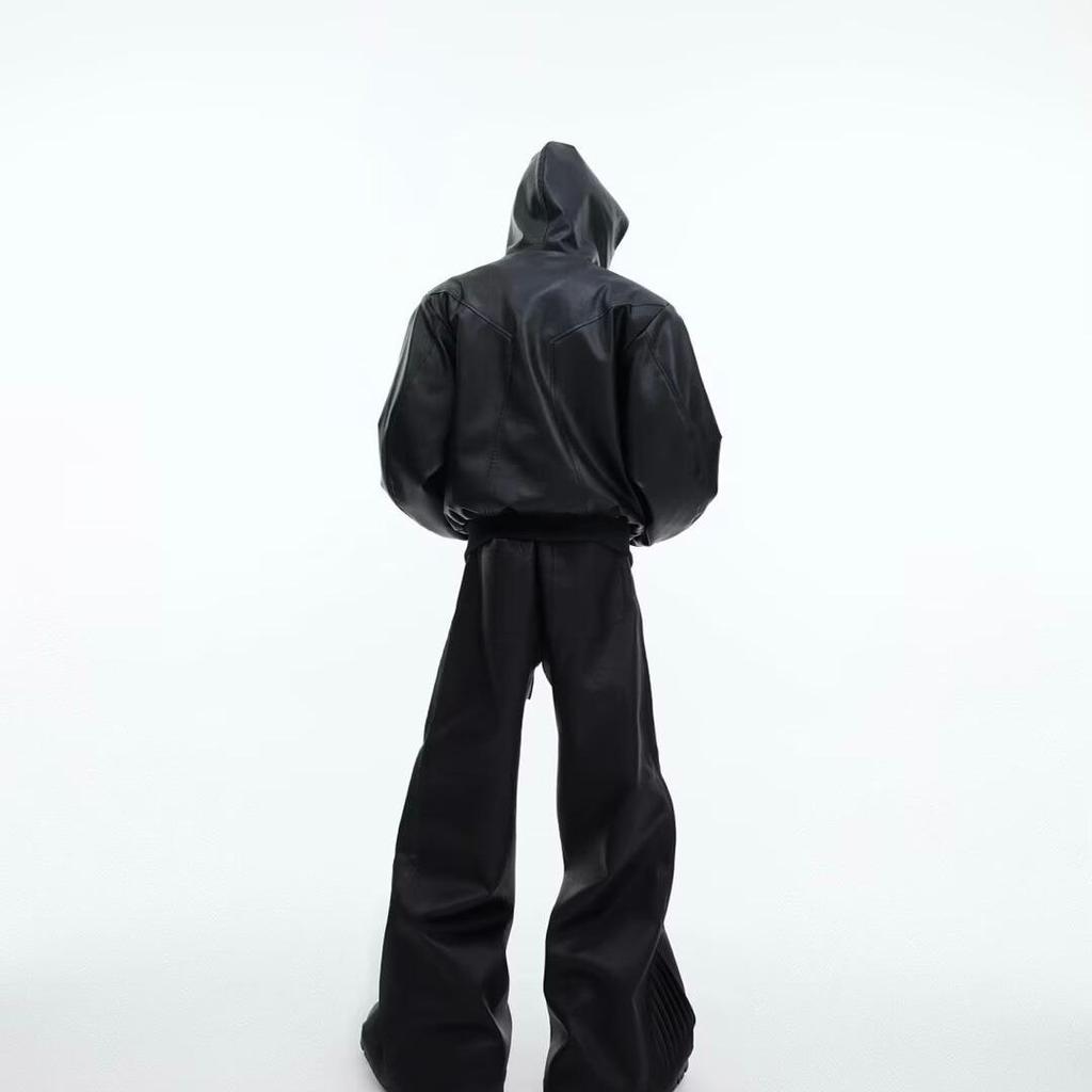 European-American Hip Hop Deconstructed Hooded Leather Jacket - Men's Trendy, Loose-Fit PU Streetwear