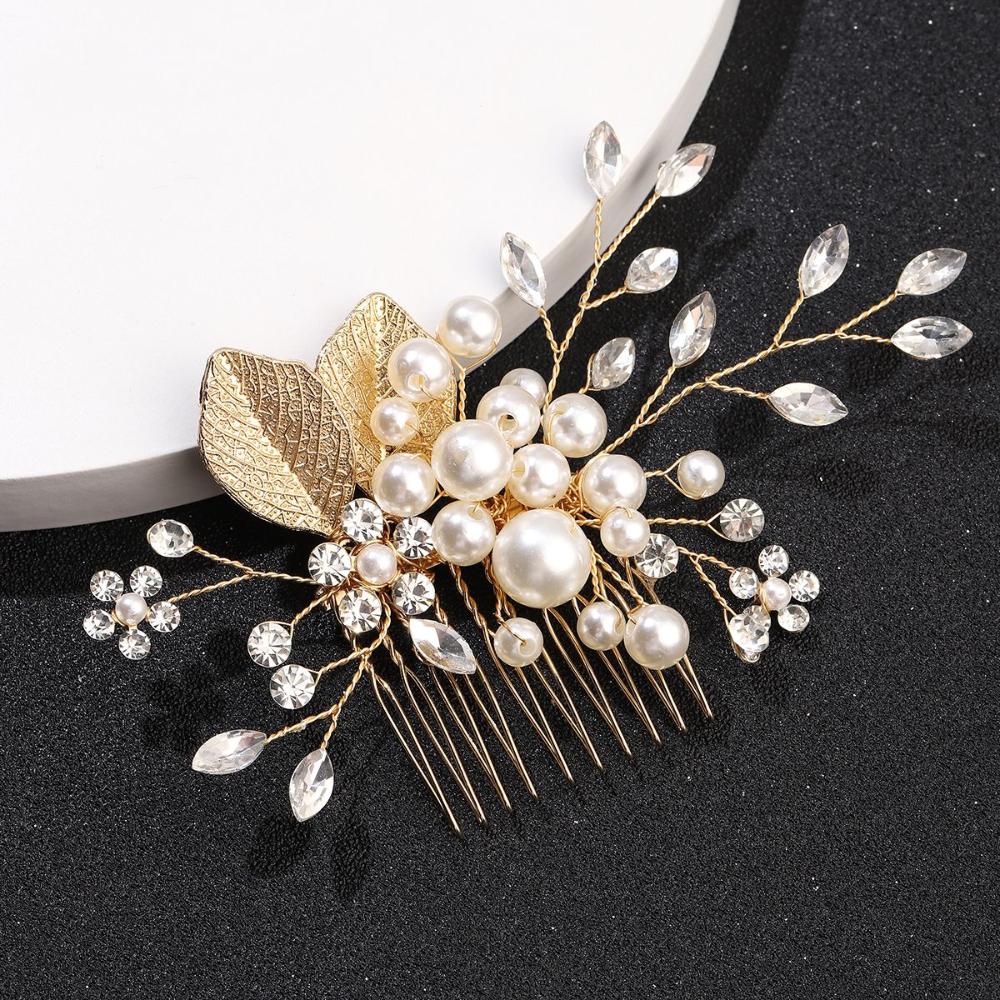 Delicate Pearl Leaves Tiara Wedding Bridesmaid Hair Combs Headpiece Flower Hair Pin Bridal Clips