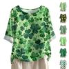 Women's Casual Mid-Sleeve Round Neck St. Patrick's Day Print Cotton-Linen Blend Top