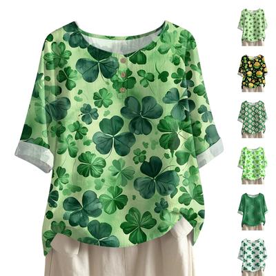Damen Freizeit Mittellang Rundhals St. Patrick's Day Druck Baumwoll-Leinen-Mischung Oberteil