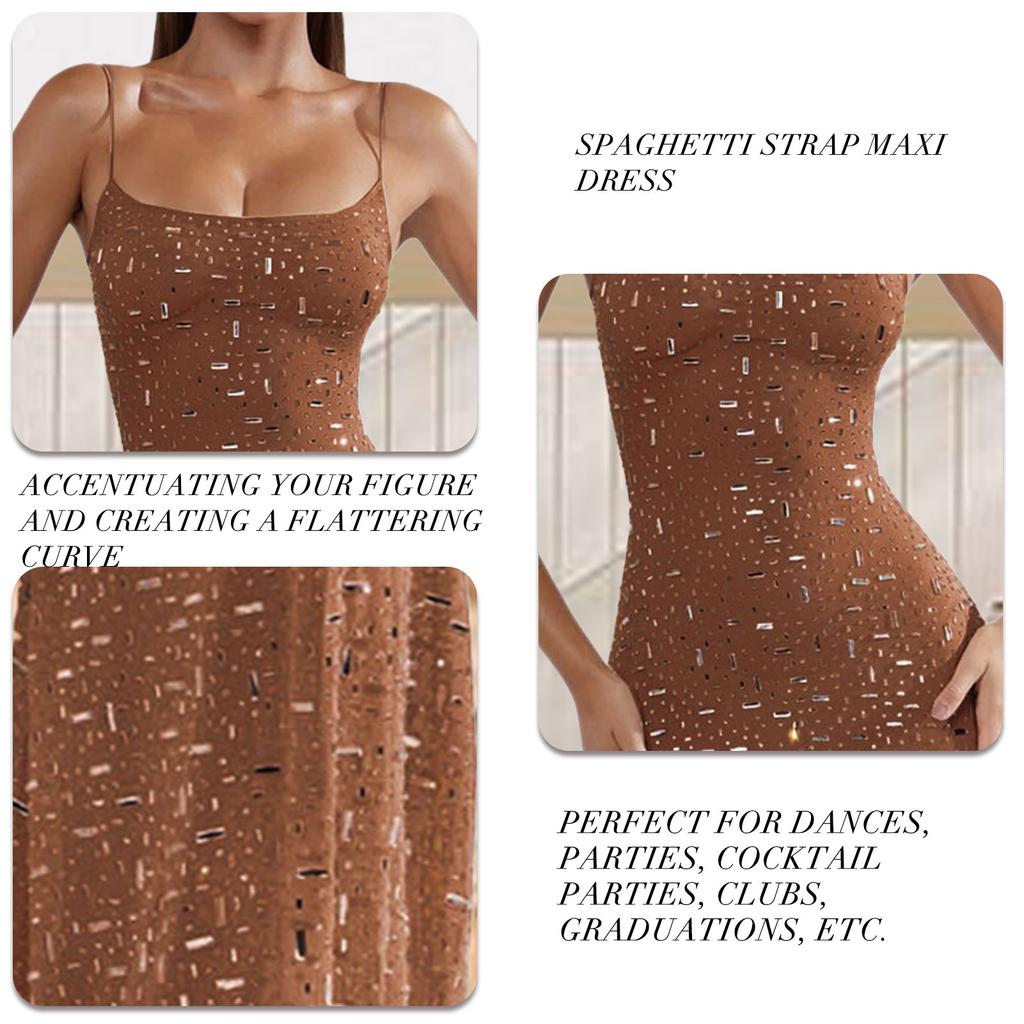 Spaghetti Strap Maxi Dress Bright Diamond Design Elegant Stylish Cocktail Party Long Dress for Club