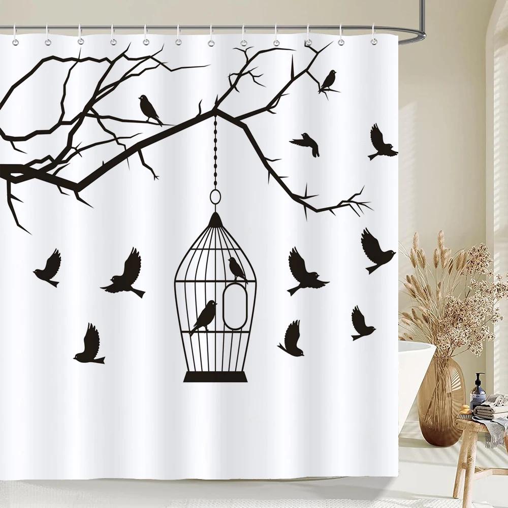 Nordic Minimalist Art Printing Shower Curtain, Waterproof Fabric Flower And Leaf Bird Pattern Bathroom Curtain For Bathtub Decor